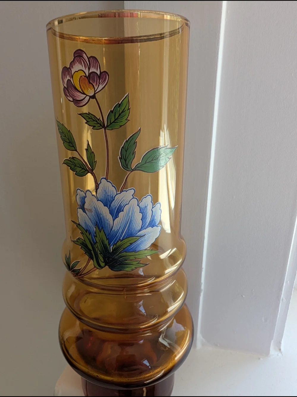 VTG Norleans Made In Italy Amber Glass Hand Painted Floral Cylinder Vase 7